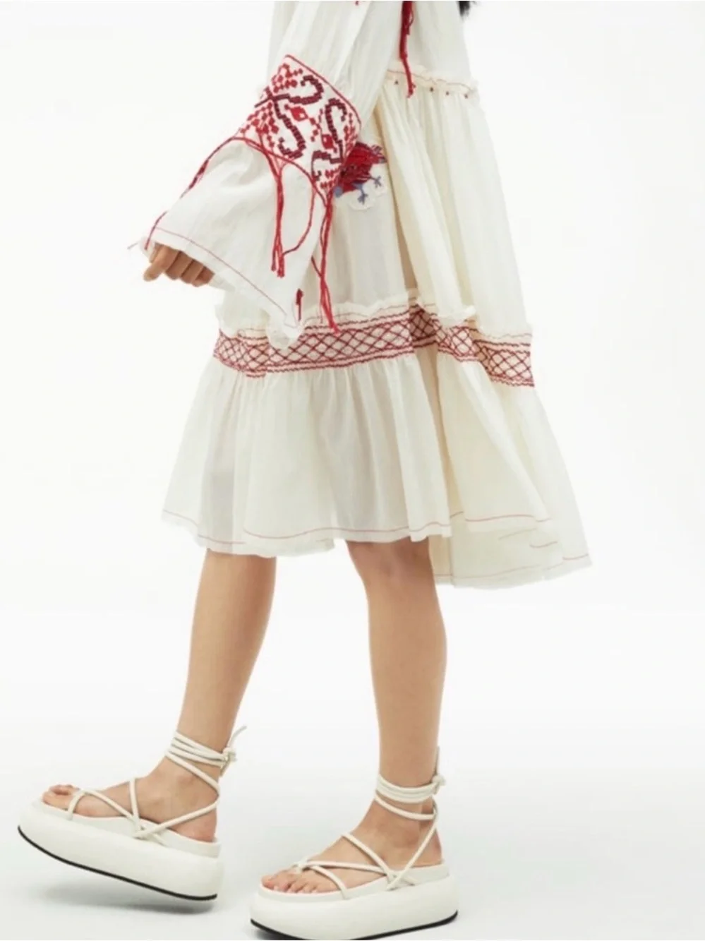 White Midi Dress with Red Embroidery